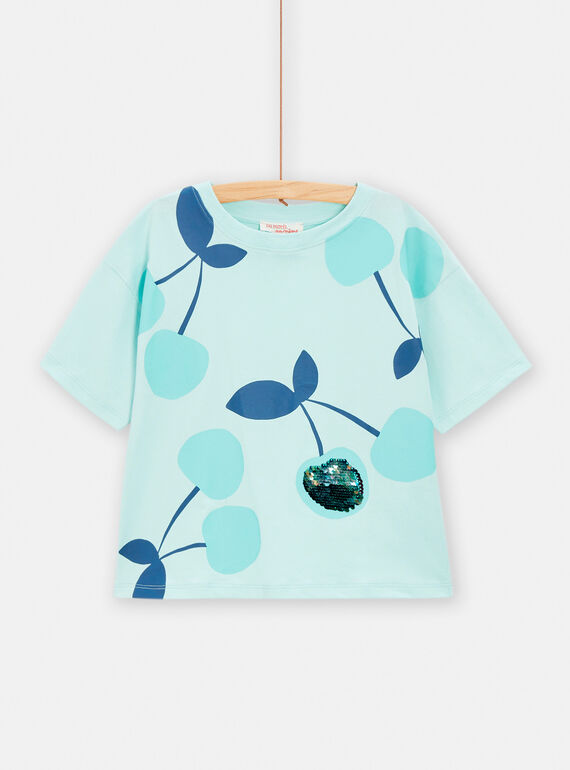 Camiseta verde agua con estampado de cerezas para niña TAJOTI1 / 24S901B1TMC614
